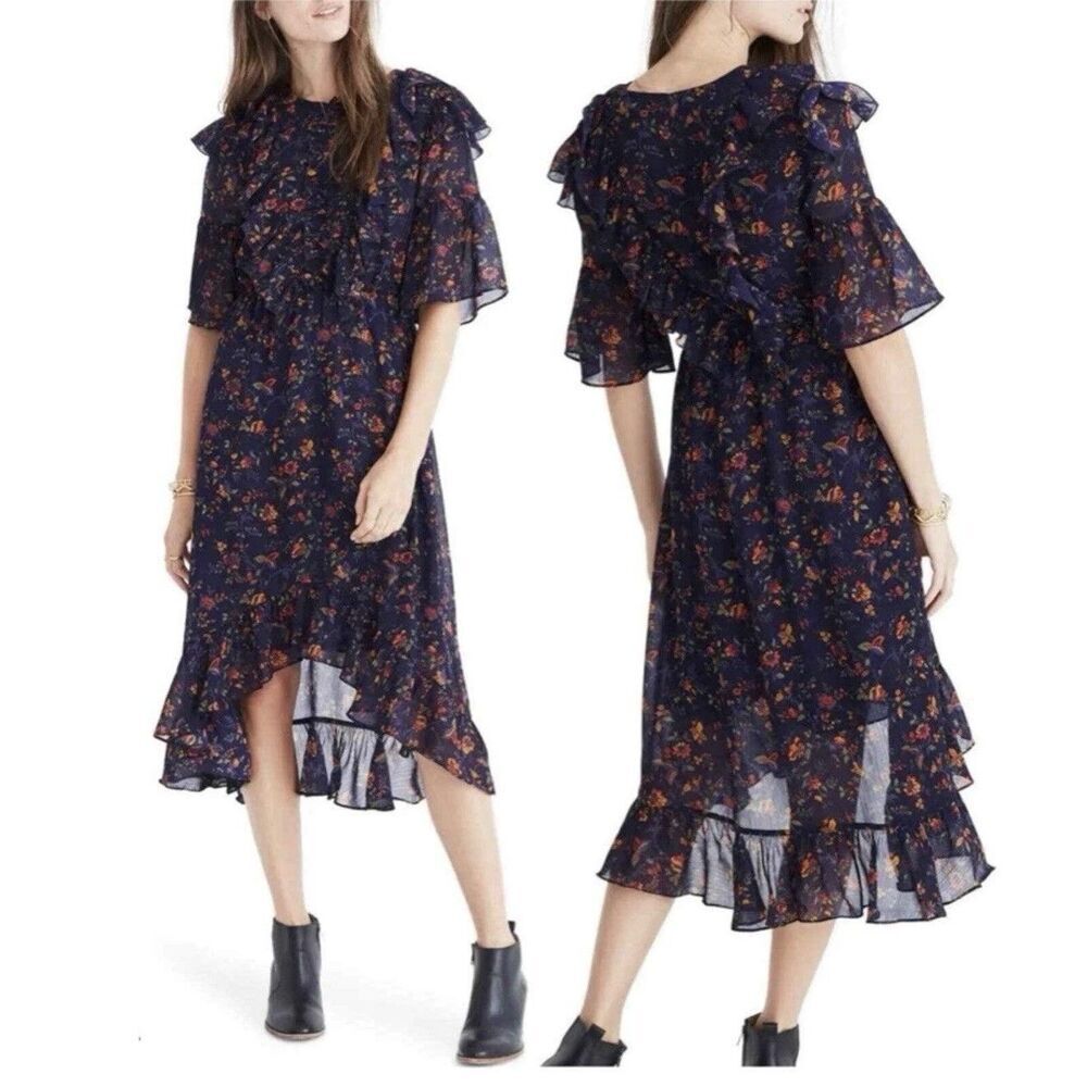 Madewell Juliet Raised Midi Dress Navy Floral Ruffle High Low Boho Size 2 Sheer